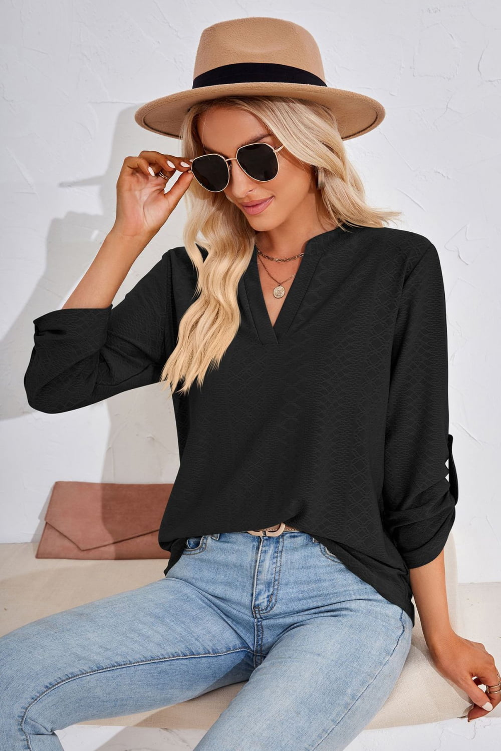 V-Neck Roll-Tap Sleeve Blouse casual outfit