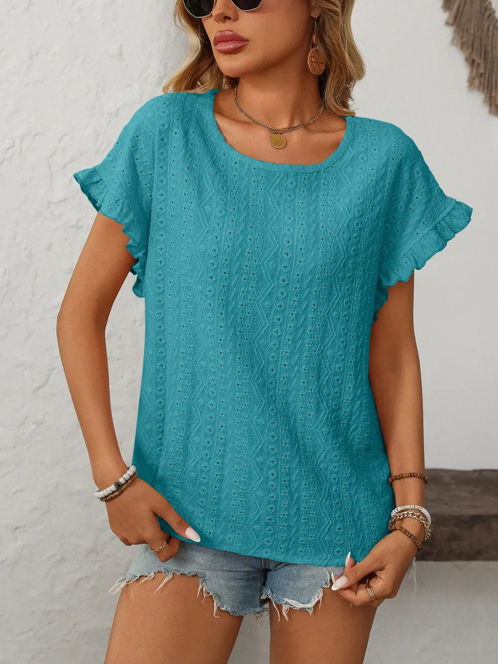 Mandy Eyelet Round Neck Top frill accent
