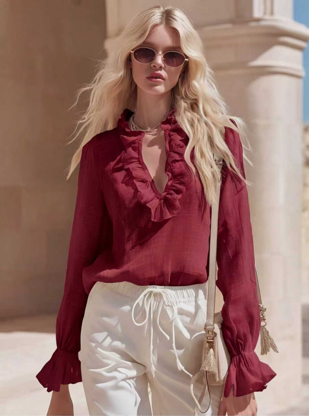 V Neck Linen Blouse ruffle detail