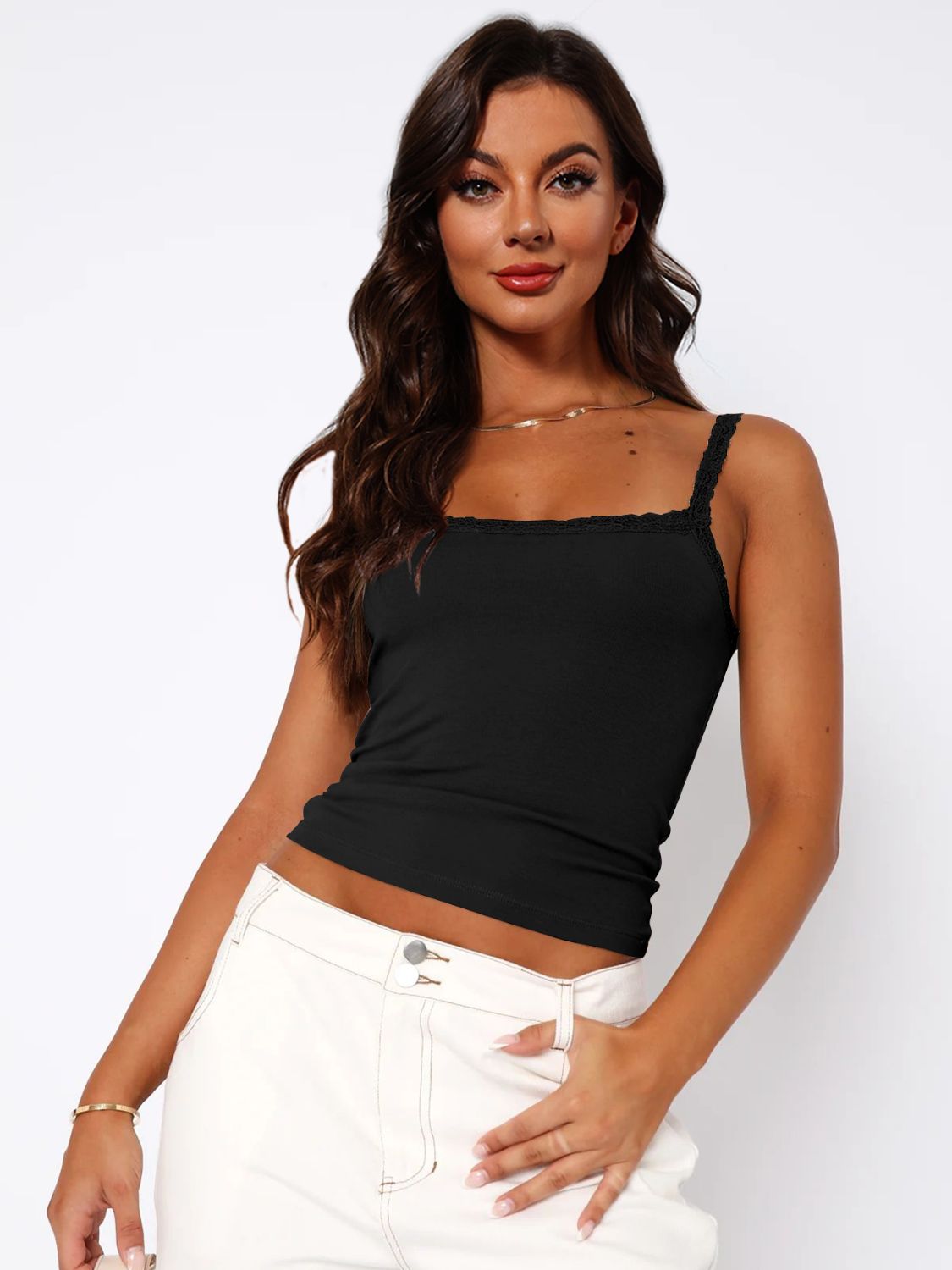 Lace Trim Straight Neck Cami lace trim detail