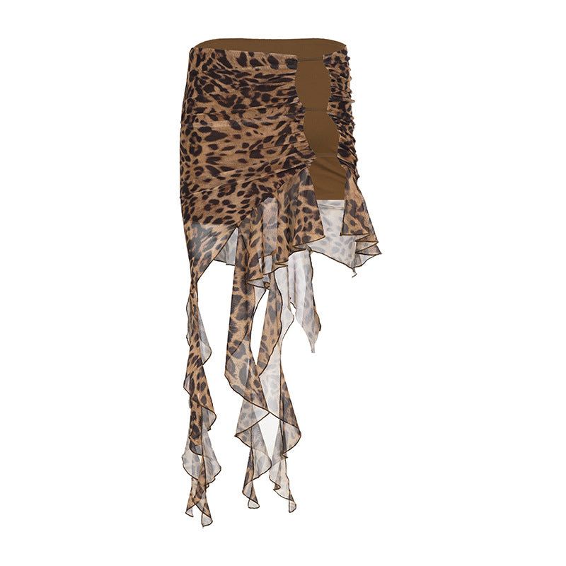 Leopard Print Hollow-Out Skirt asymmetrical design