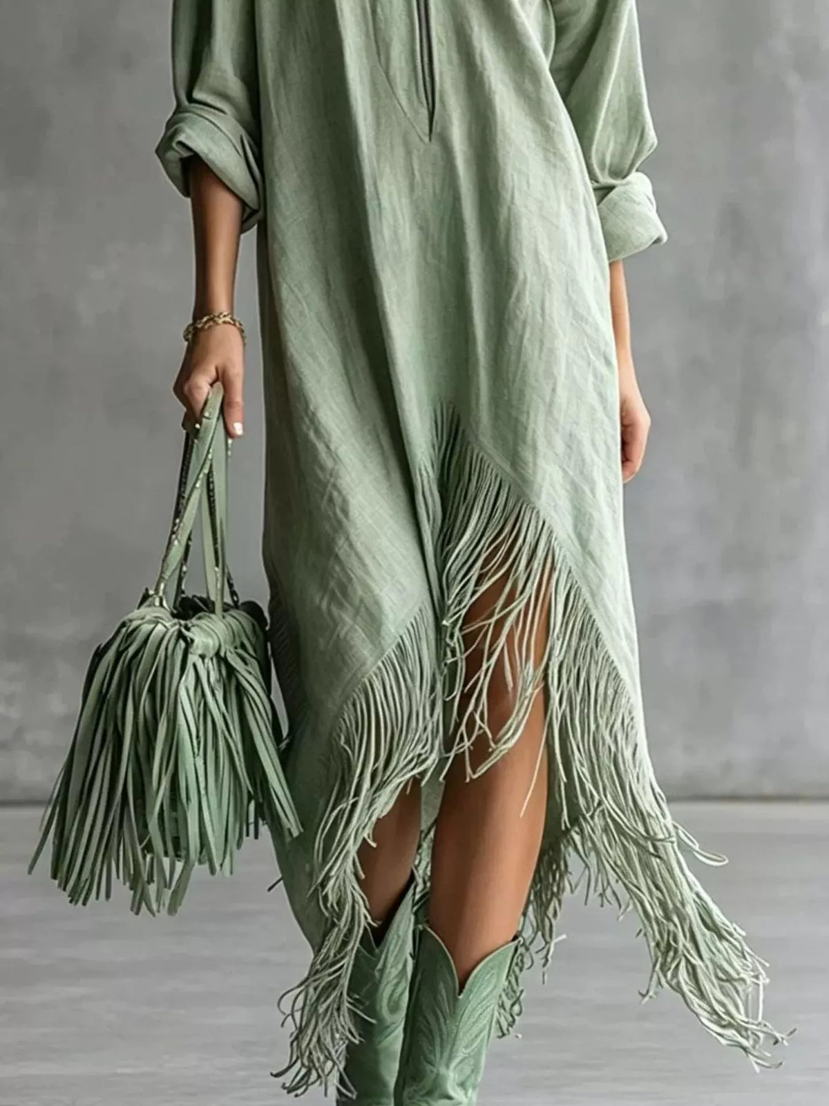 Fringe Hem Zip-Up Shirt Dress women&