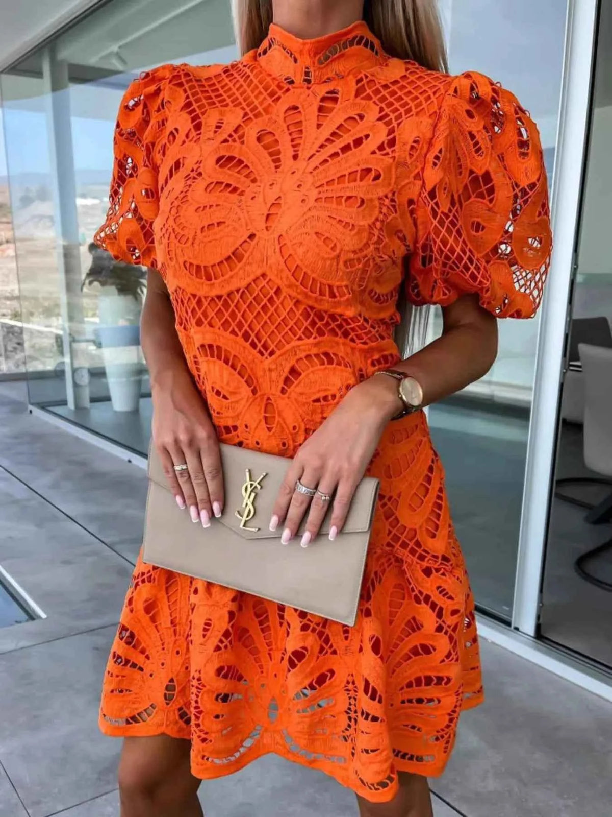 Elevate Your Style with Our Lace Mock Neck Puff Sleeve Dress