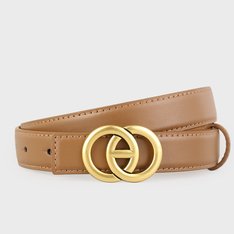 Double Circle Buckle Leather Belt showcasing a stylish cowhide design with a gold buckle.