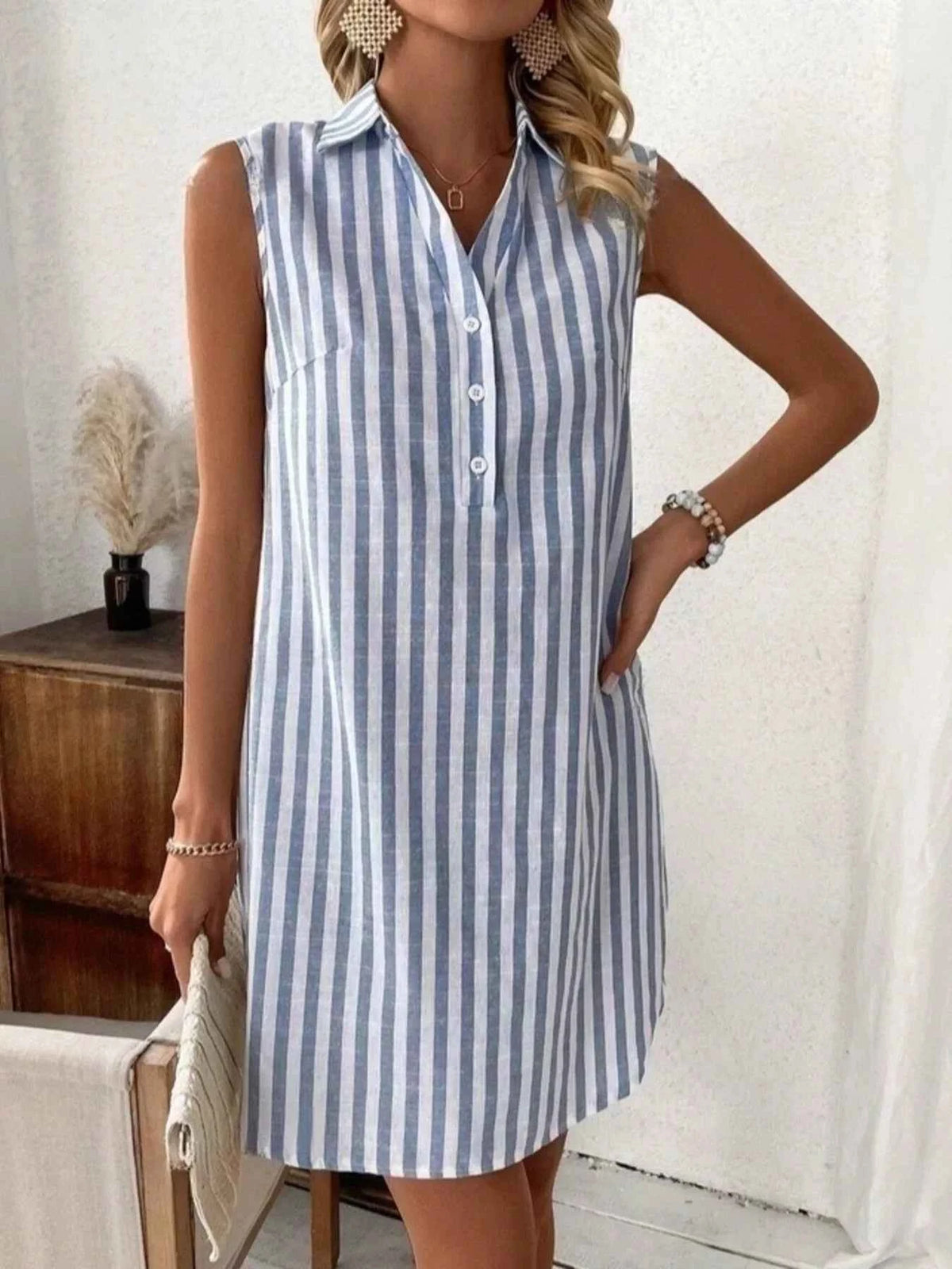 Stylish Sleeveless Striped Shirt Dress - Effortless Chic for Everyday Wear