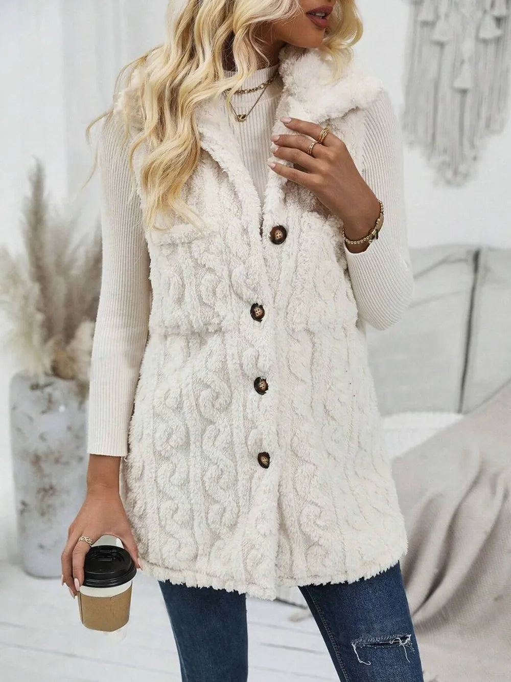 Fuzzy Button Up Vest Coat cozy style