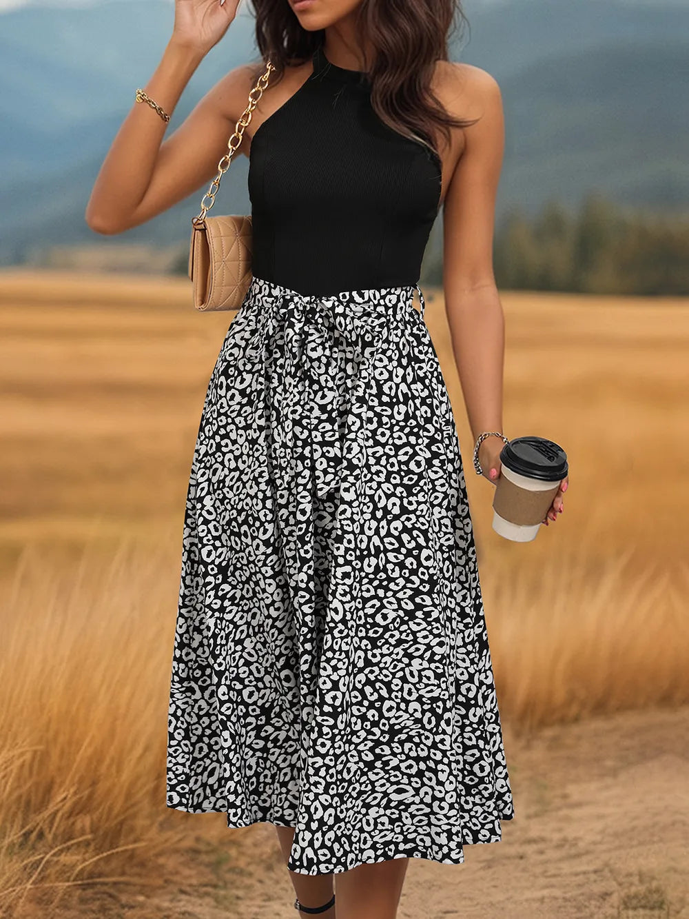 Leopard halter neck midi dress leopard print detail