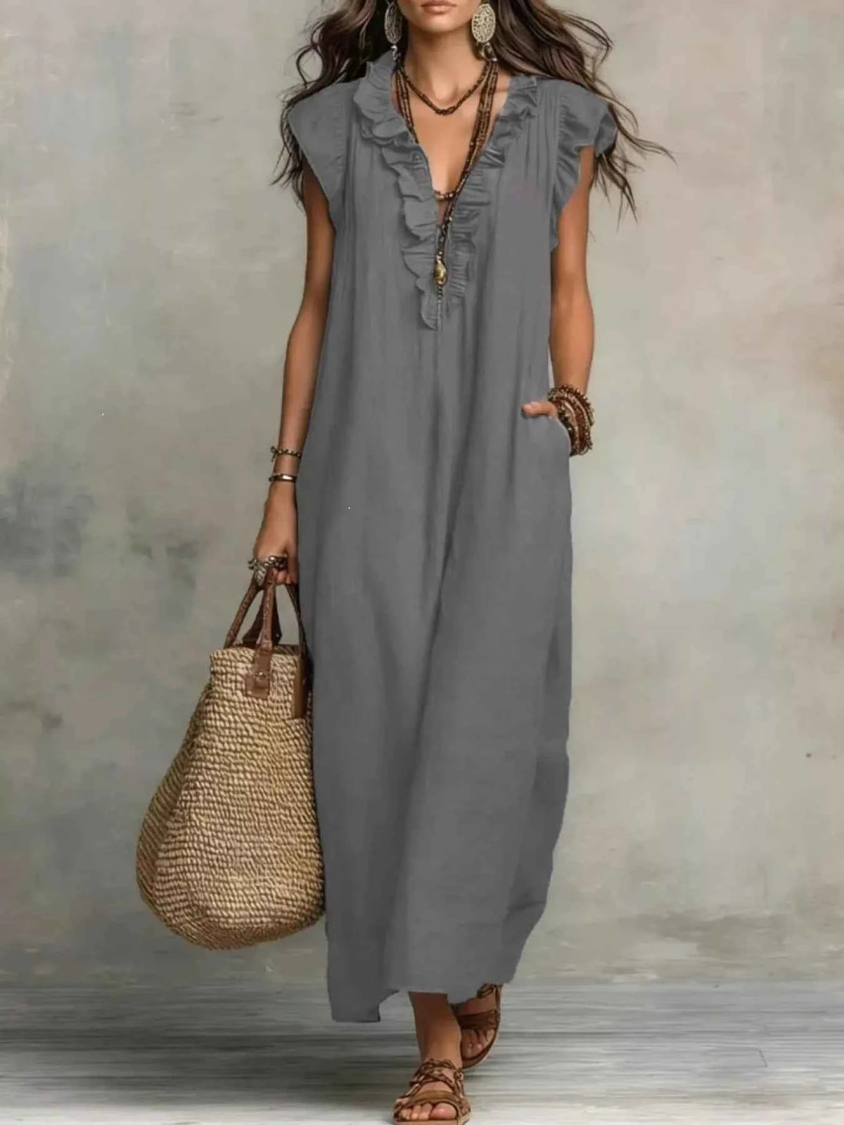Plus size ruffled maxi dress with V-neck