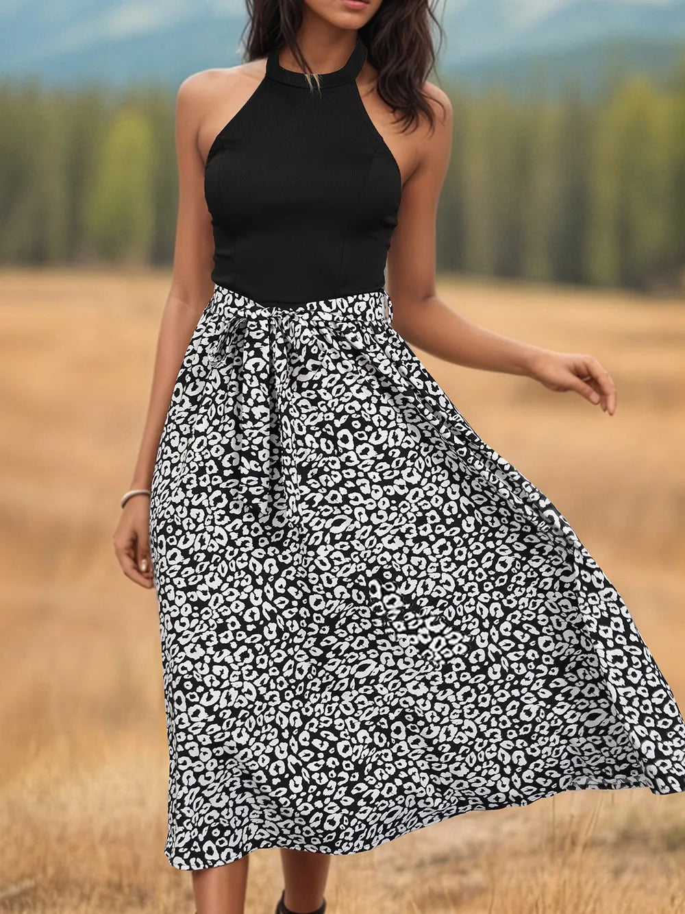 Leopard halter neck midi dress leopard print detail