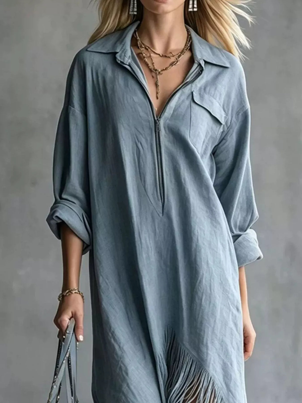 Fringe Hem Zip-Up Shirt Dress women&