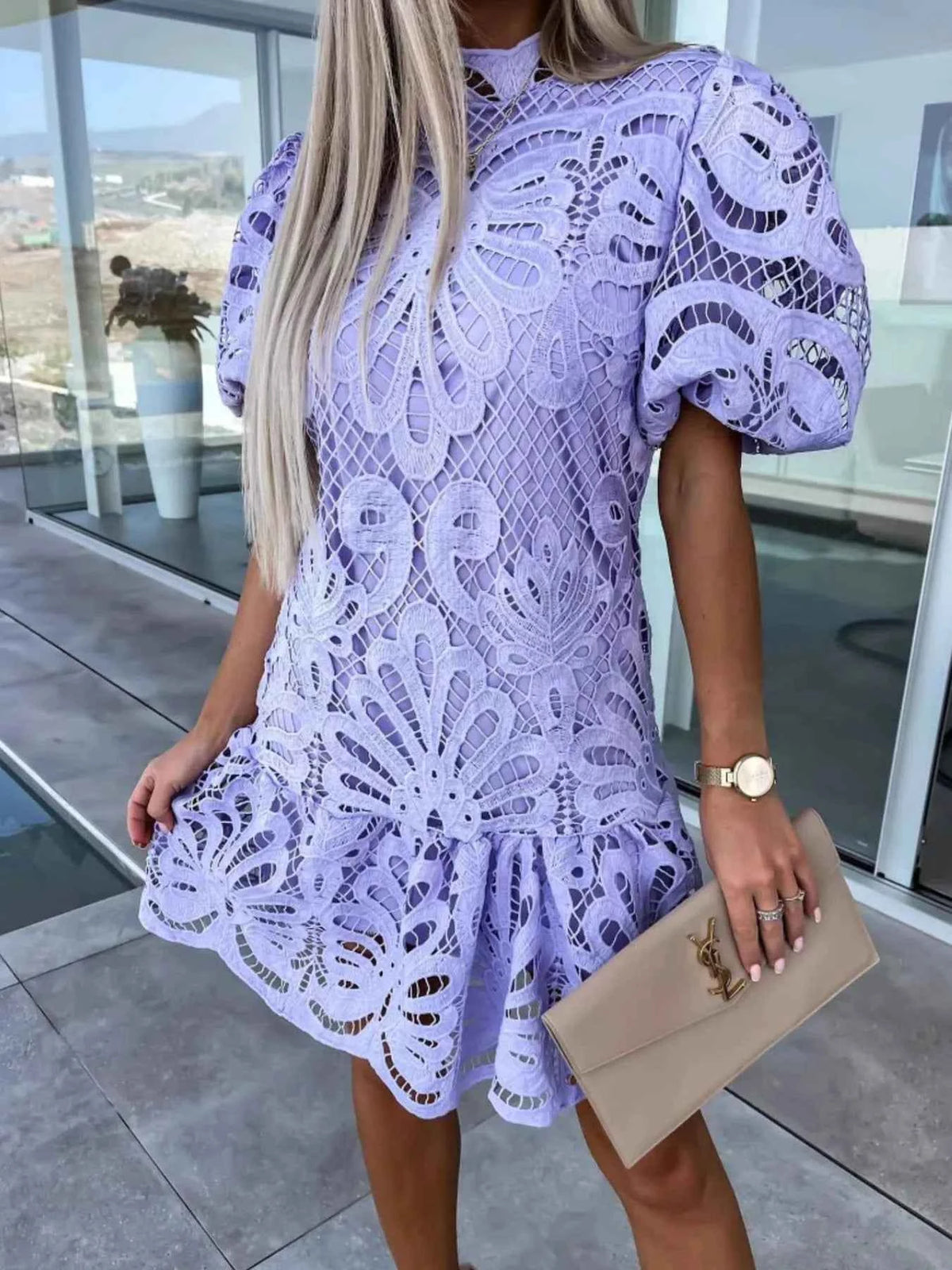 Elevate Your Style with Our Lace Mock Neck Puff Sleeve Dress