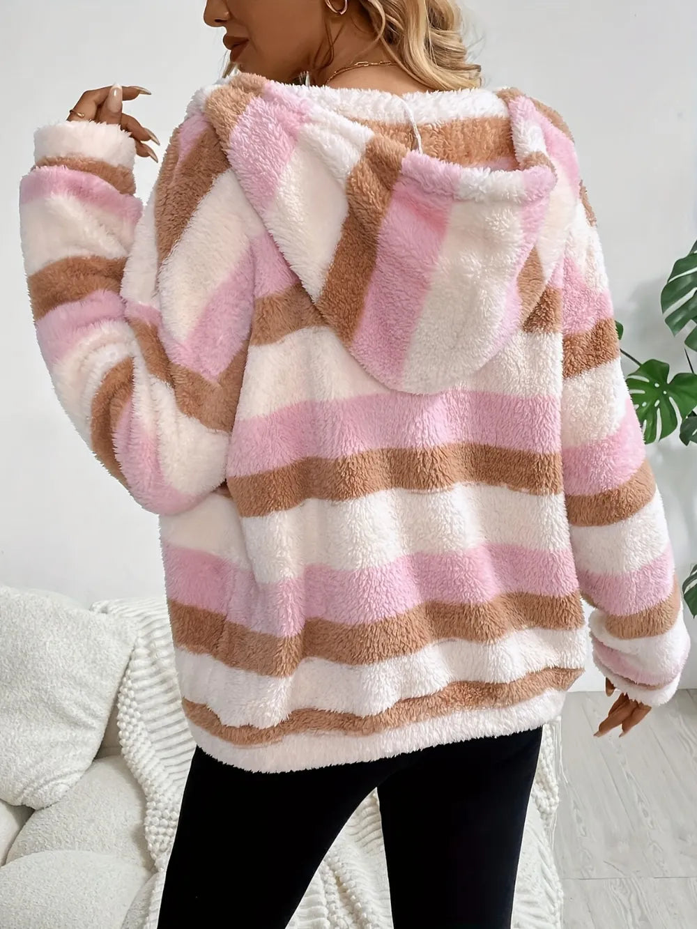 Drawstring Striped Zip Up Hooded Jacket drawstring hood