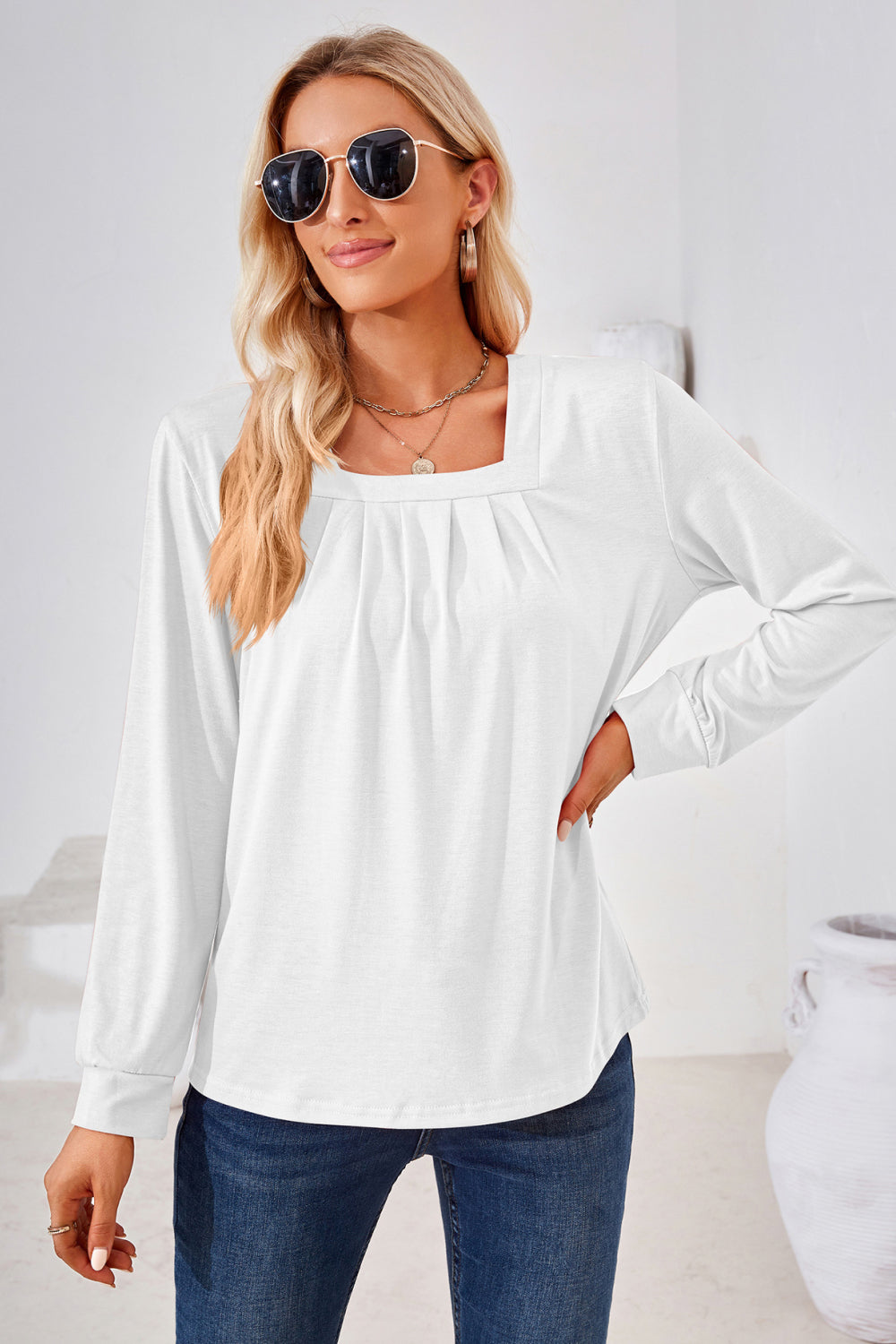 Square Neck Ruched Long Sleeve Blouse long sleeve design