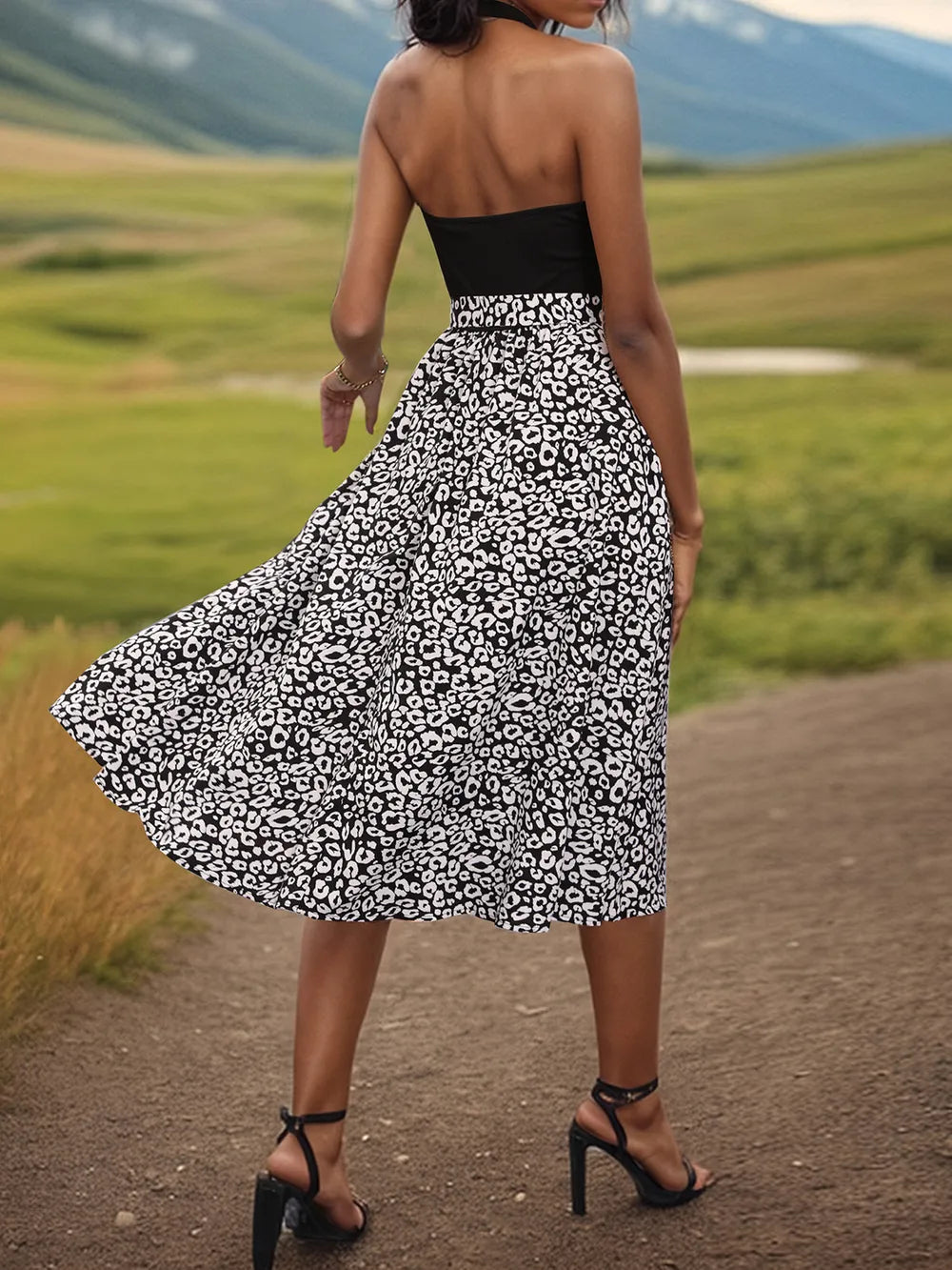 Leopard halter neck midi dress leopard print detail