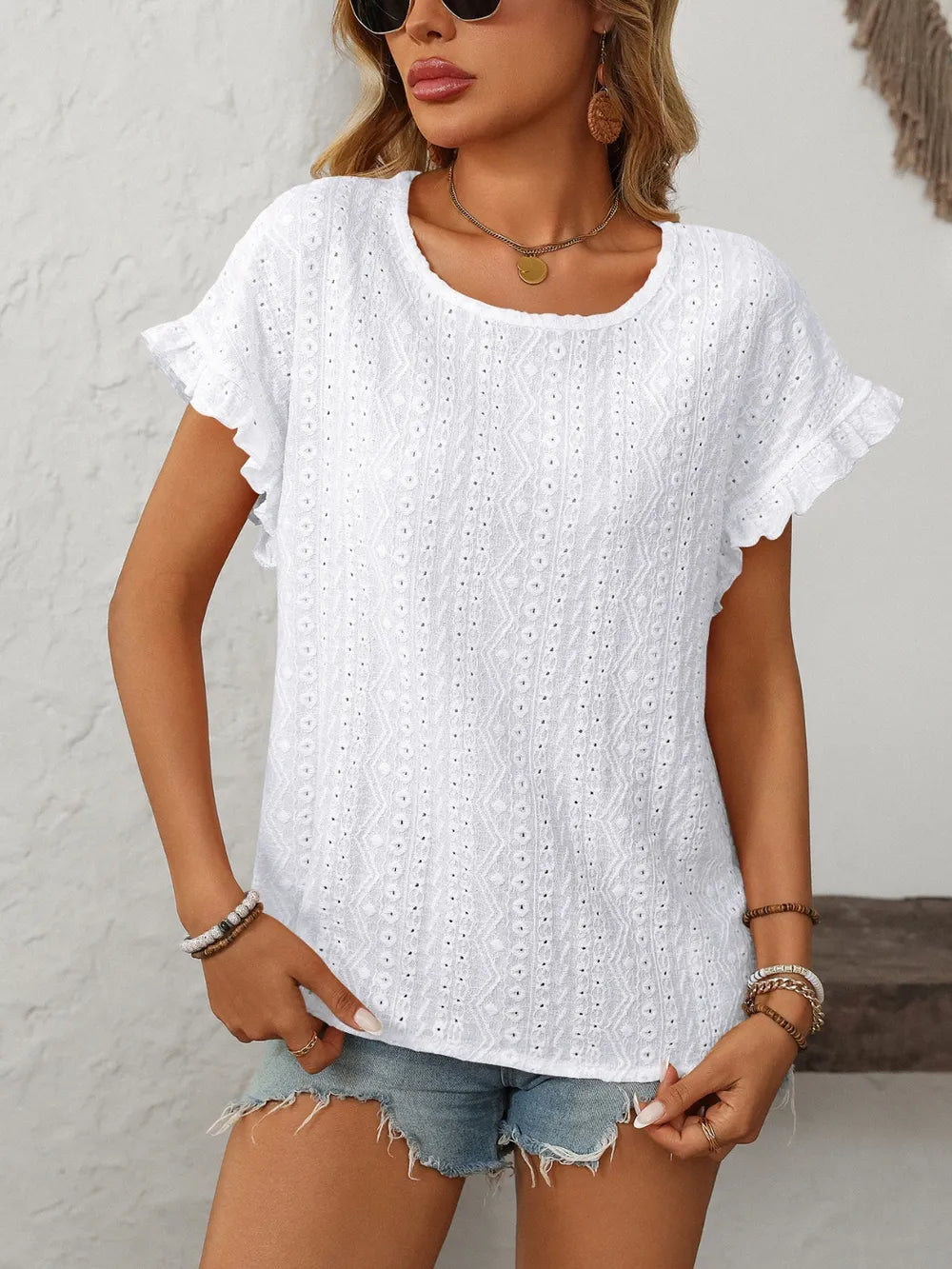 Mandy Eyelet Round Neck Top frill accent
