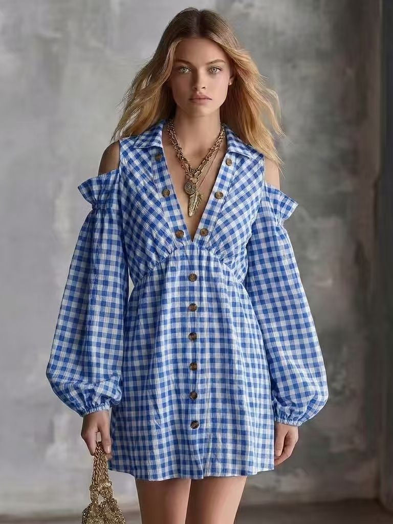 Casual Checkered Off-the-Shoulder Dress checkered pattern
