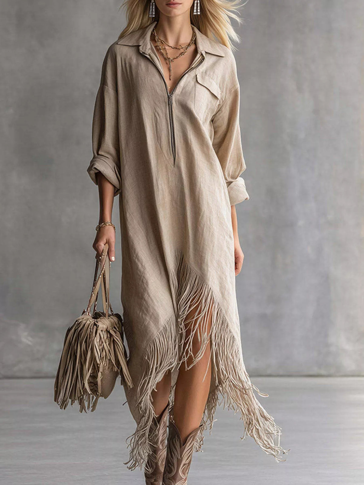 Fringe Hem Zip-Up Shirt Dress women&