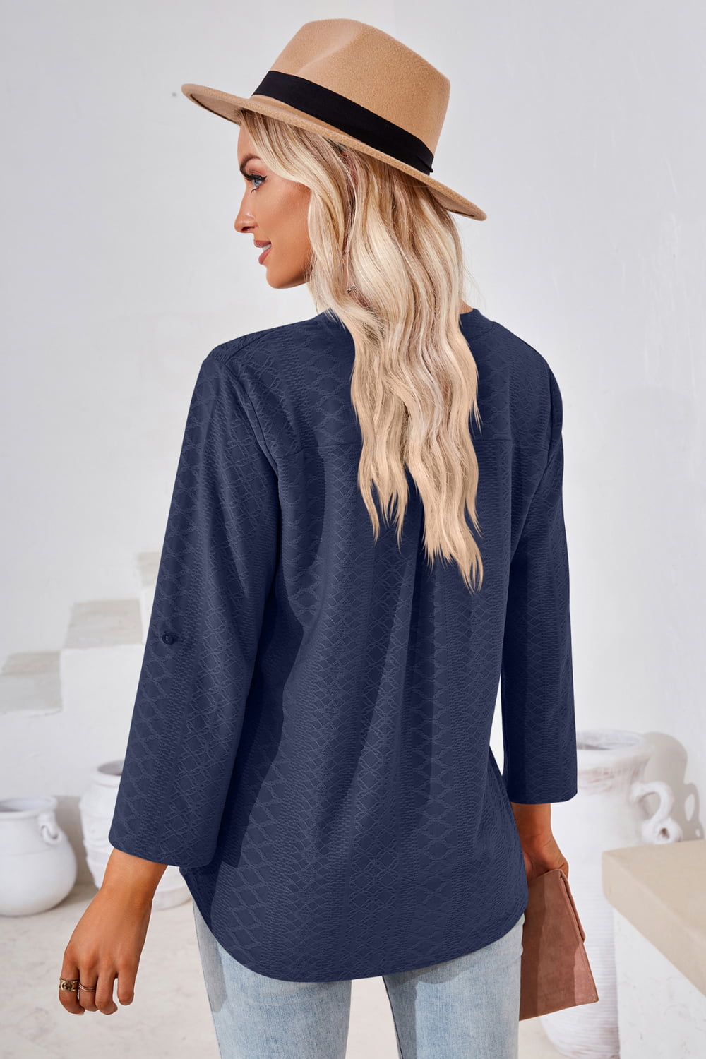V-Neck Roll-Tap Sleeve Blouse casual outfit