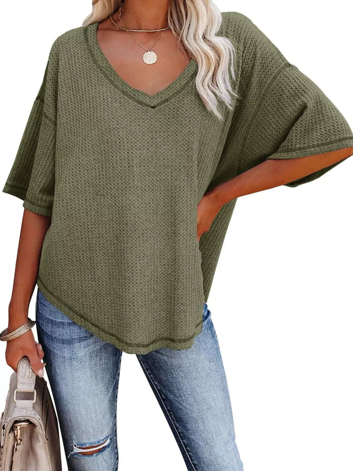 Waffle knit v-neck t-shirt casual outfit