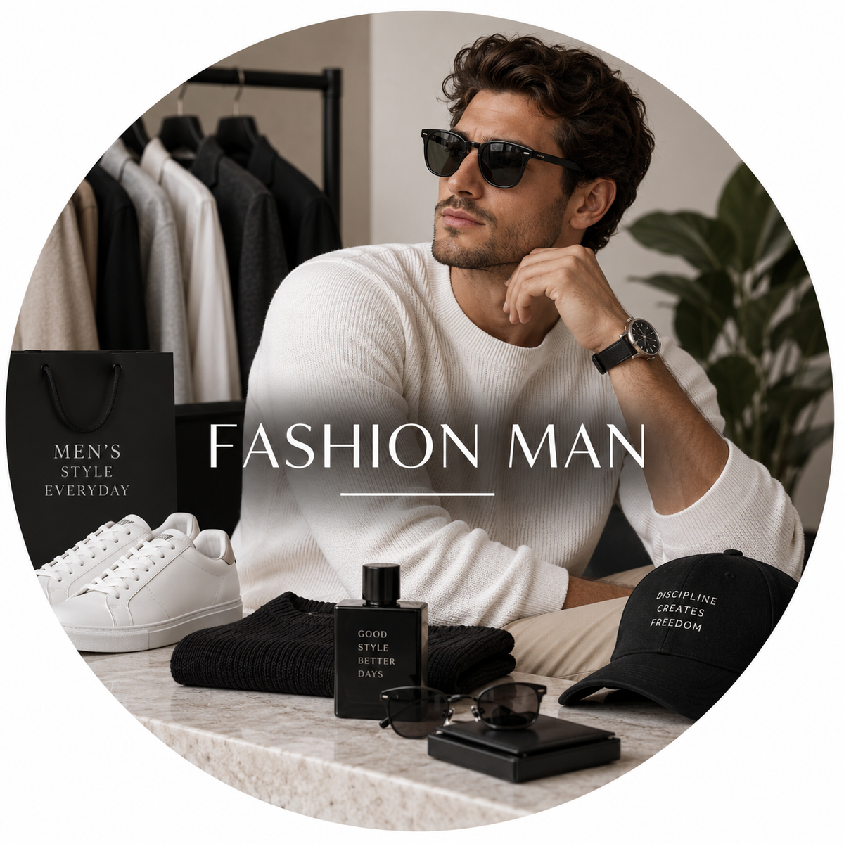 Mens fashion collection featuring a stylish man in sunglasses with modern clothing and accessories.