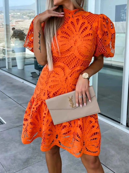 Elevate Your Style with Our Lace Mock Neck Puff Sleeve Dress