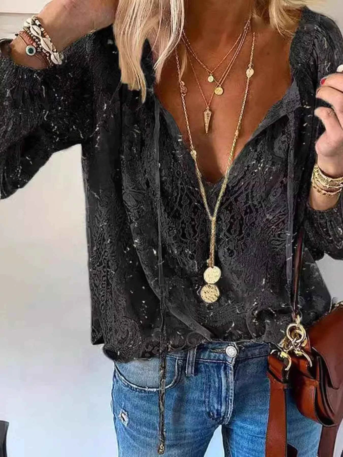 Elevate Your Style with Our Elegant Lace Tie-Neck Blouse