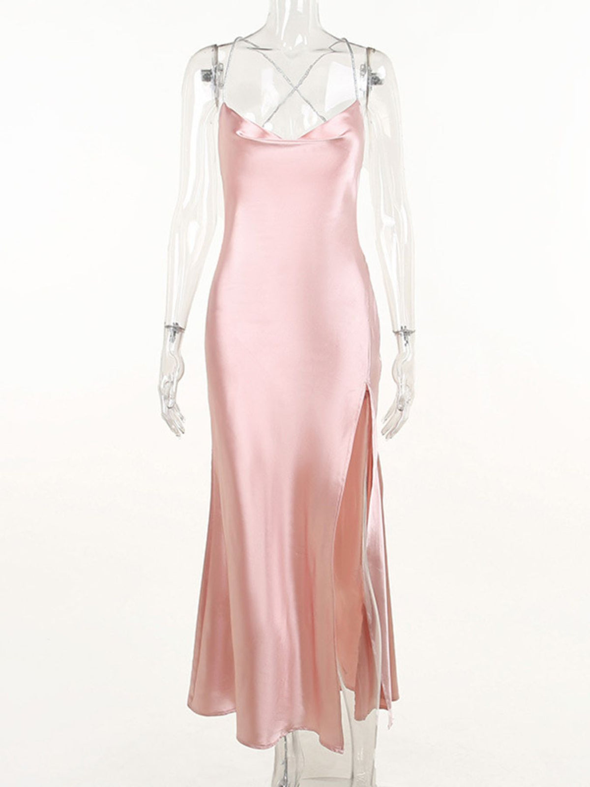 Slinky satin cowl neck dress evening outfit