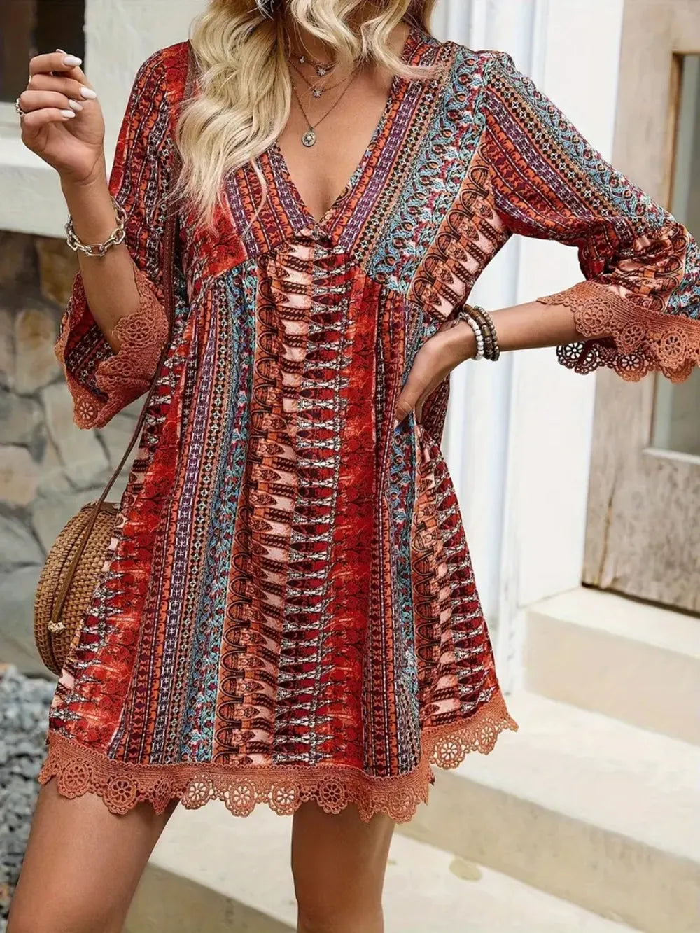 Lace Trim V-Neck Dress in vibrant colors with lace detailing and a stylish design, perfect for casual or chic outings.