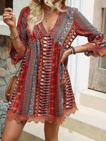 Lace Trim V-Neck Dress in vibrant colors with lace detailing and a stylish design, perfect for casual or chic outings.