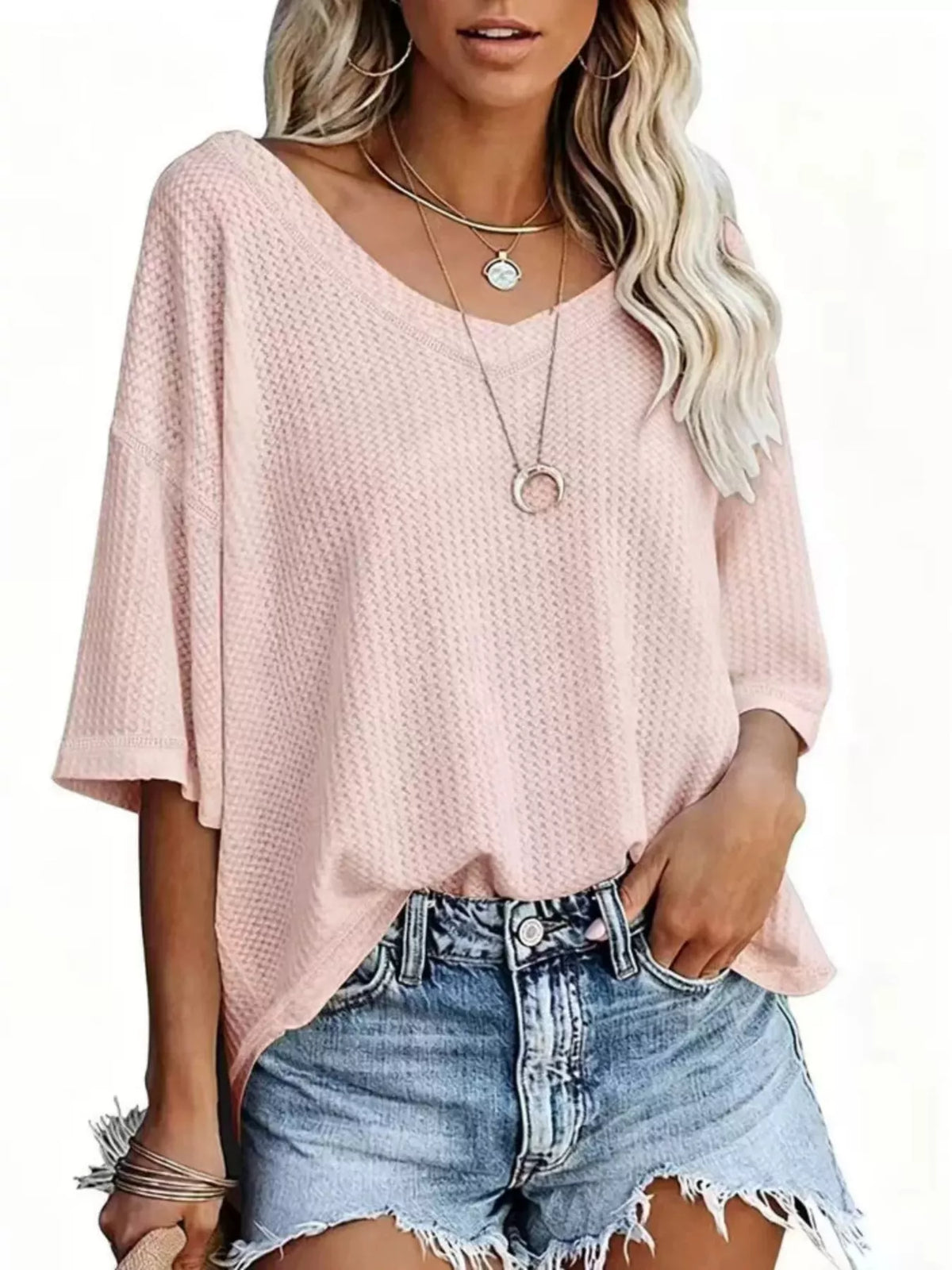 Waffle knit v-neck t-shirt casual outfit
