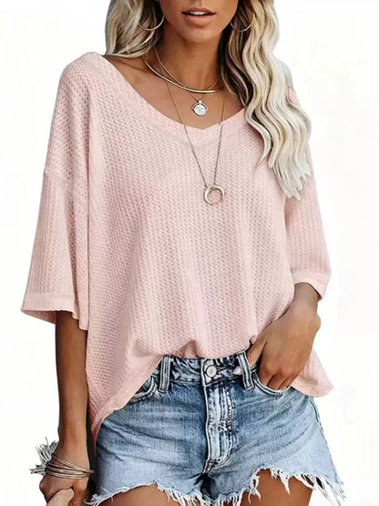Waffle knit v-neck t-shirt casual outfit