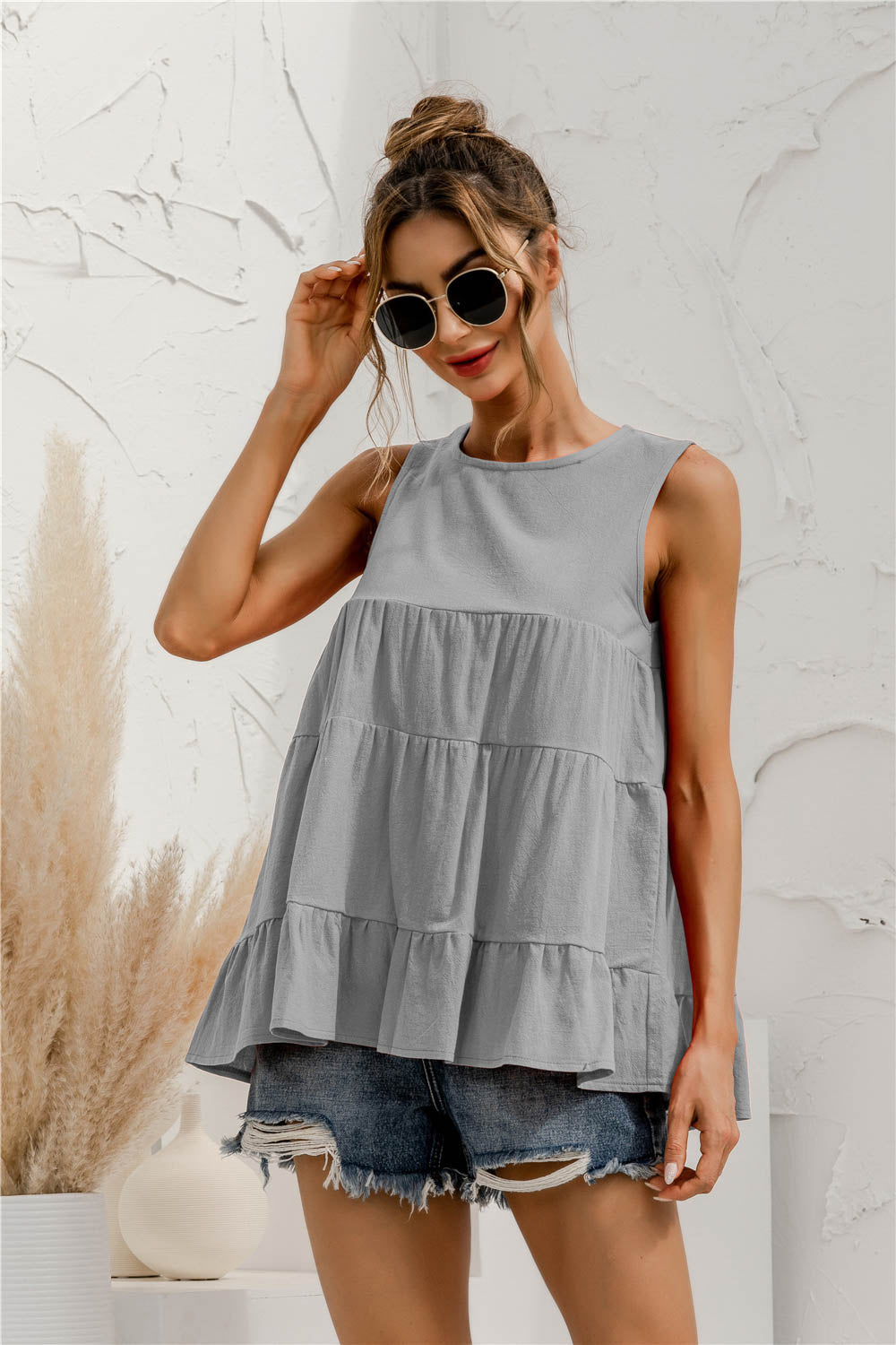 Round Neck Tiered Tank Top round neckline