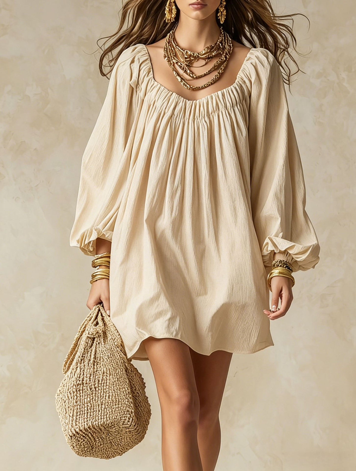 Bohemian Lantern Sleeve Dress front view