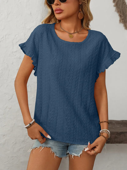 Mandy Eyelet Round Neck Top frill accent
