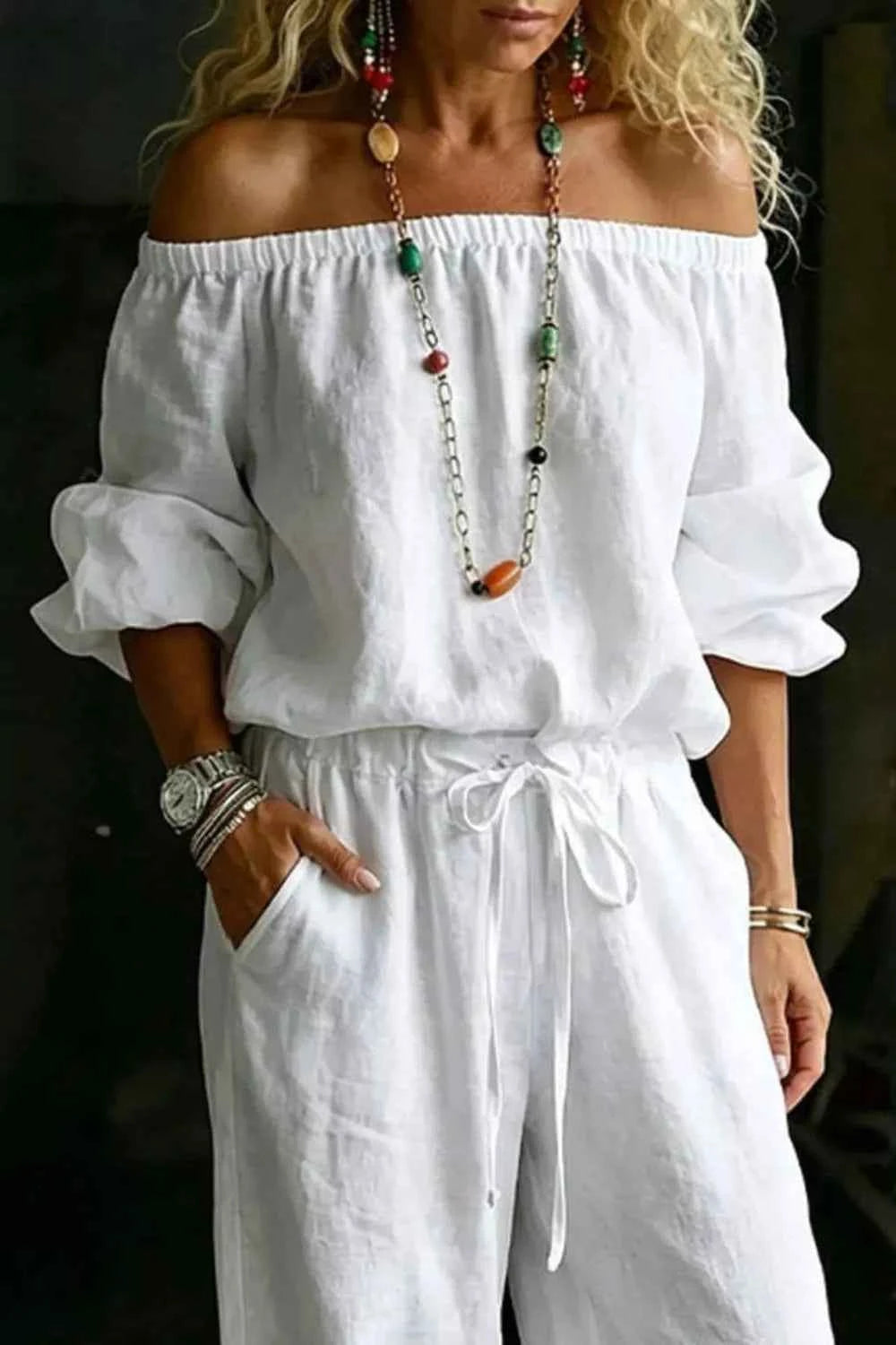 Elevate Your Style with Our Plus Size Off-Shoulder Set: Chic Top &amp; Pants Combo
