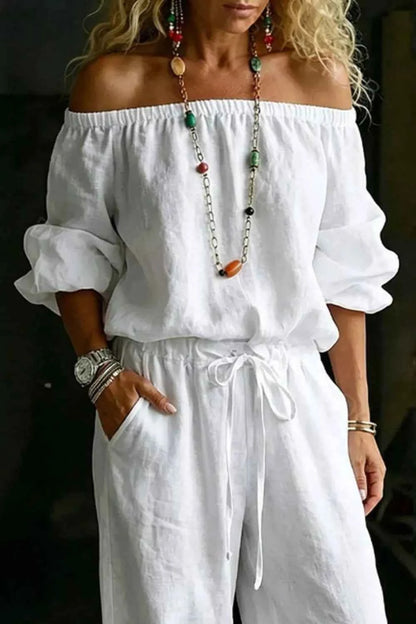 Elevate Your Style with Our Plus Size Off-Shoulder Set: Chic Top &amp; Pants Combo