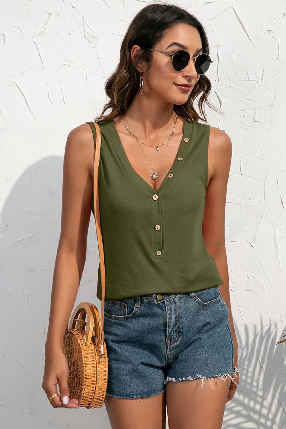 Ivy Lane Deep V Tank decorative button detail