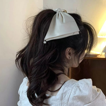 Satin Pearl Bow Hair Clip elegant hairstyle