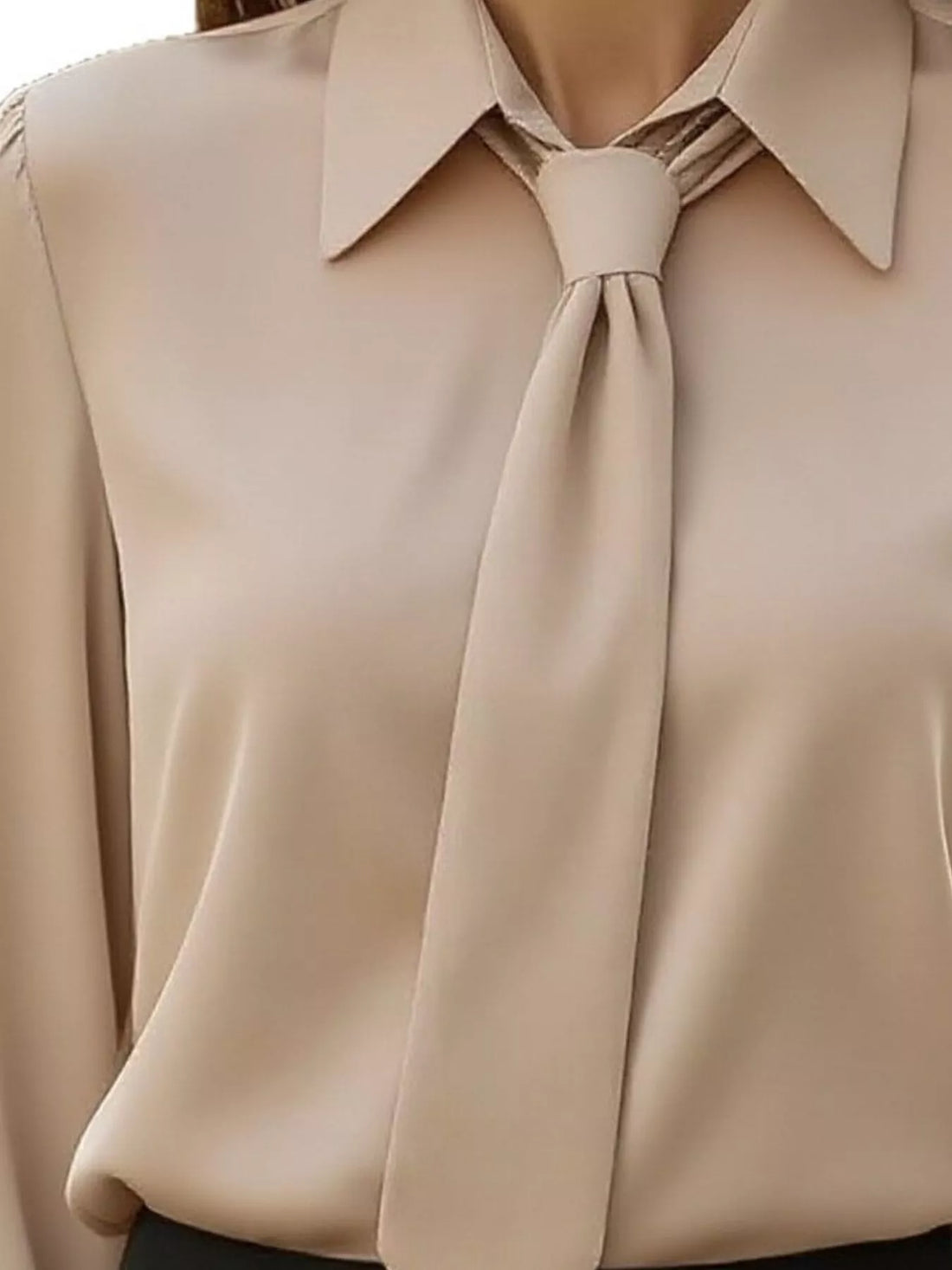 Chic Tie-Neck Blouse in beige with a stylish collar and tie detail, perfect for elegant women&