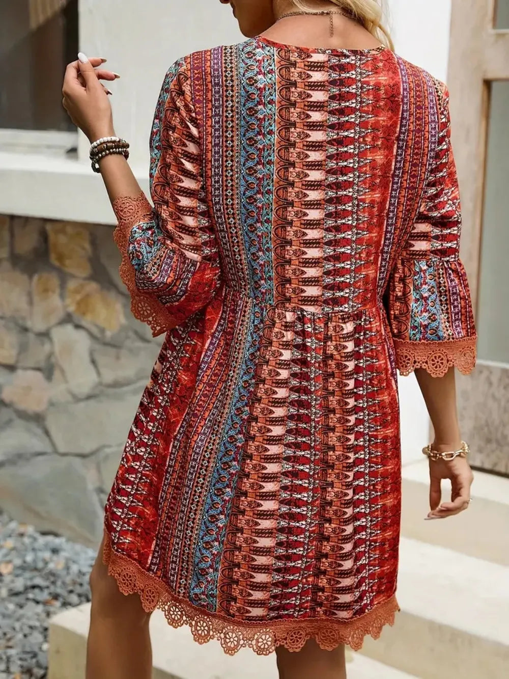 Lace trim v-neck dress full length view