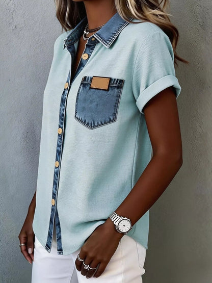 Denim Trim Short Sleeve Shirt buttoned front