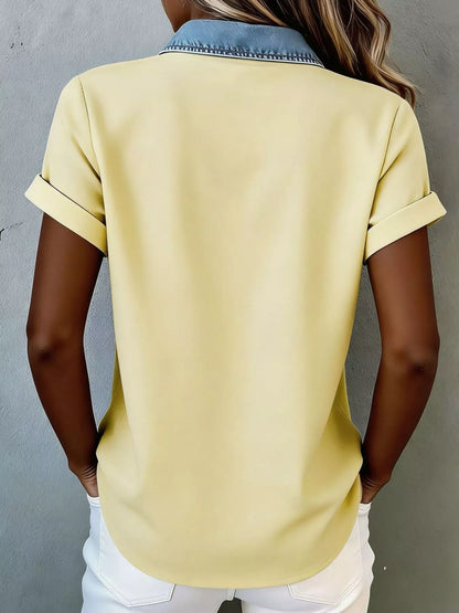 Denim Trim Short Sleeve Shirt denim trim detail