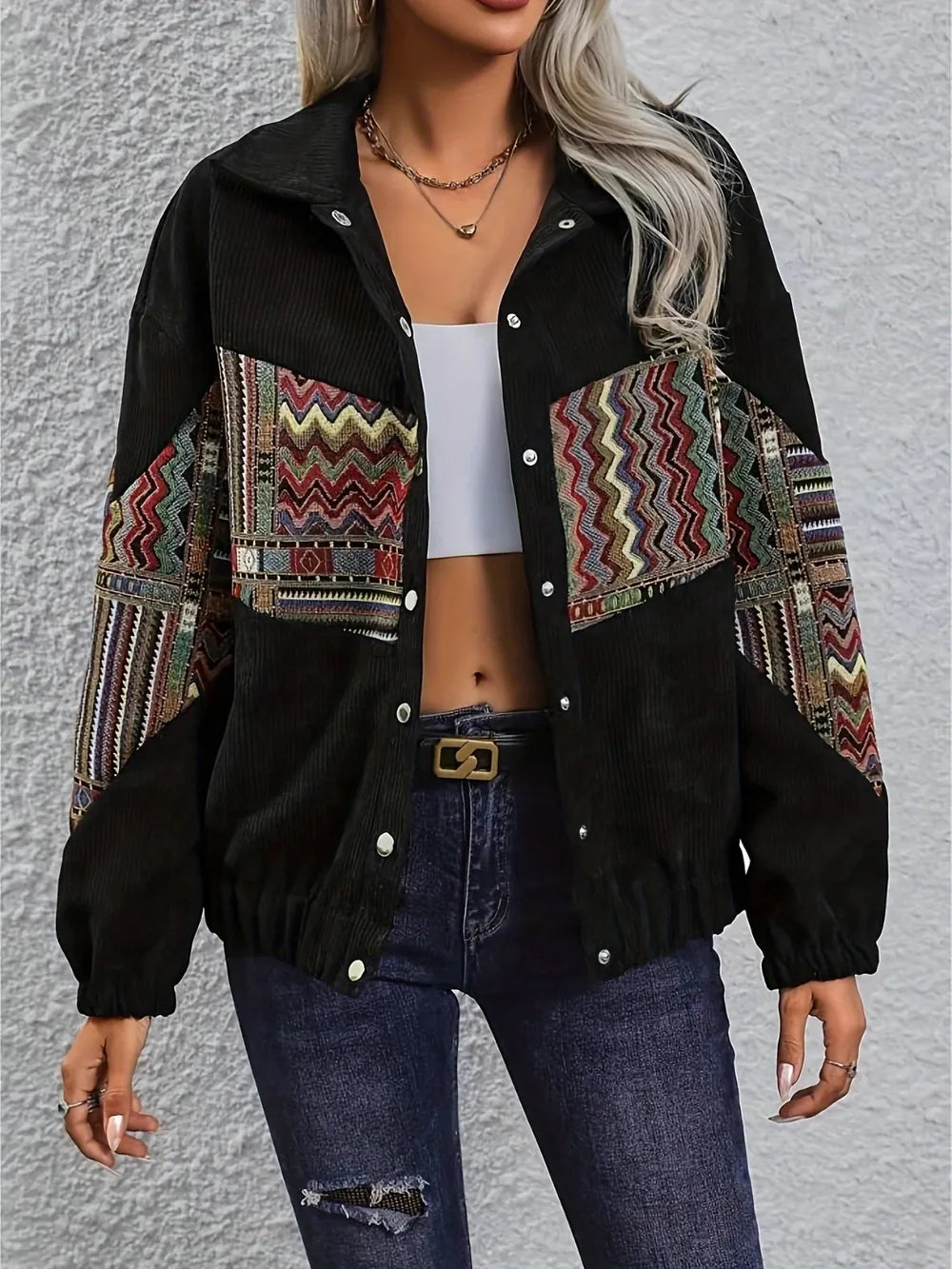 Embroidered Collared Snap Down Jacket women&