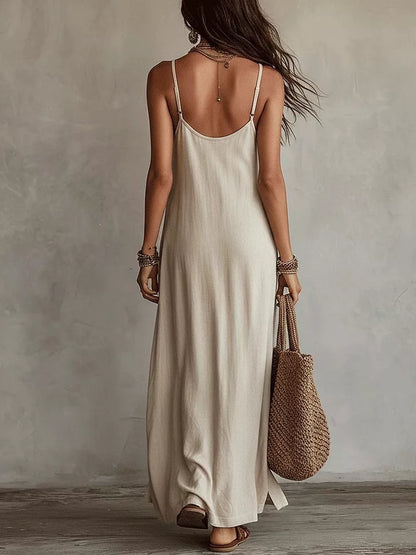 Elegant Spaghetti Strap Maxi Dress beige style