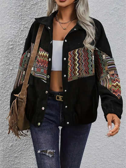 Embroidered Collared Snap Down Jacket women&
