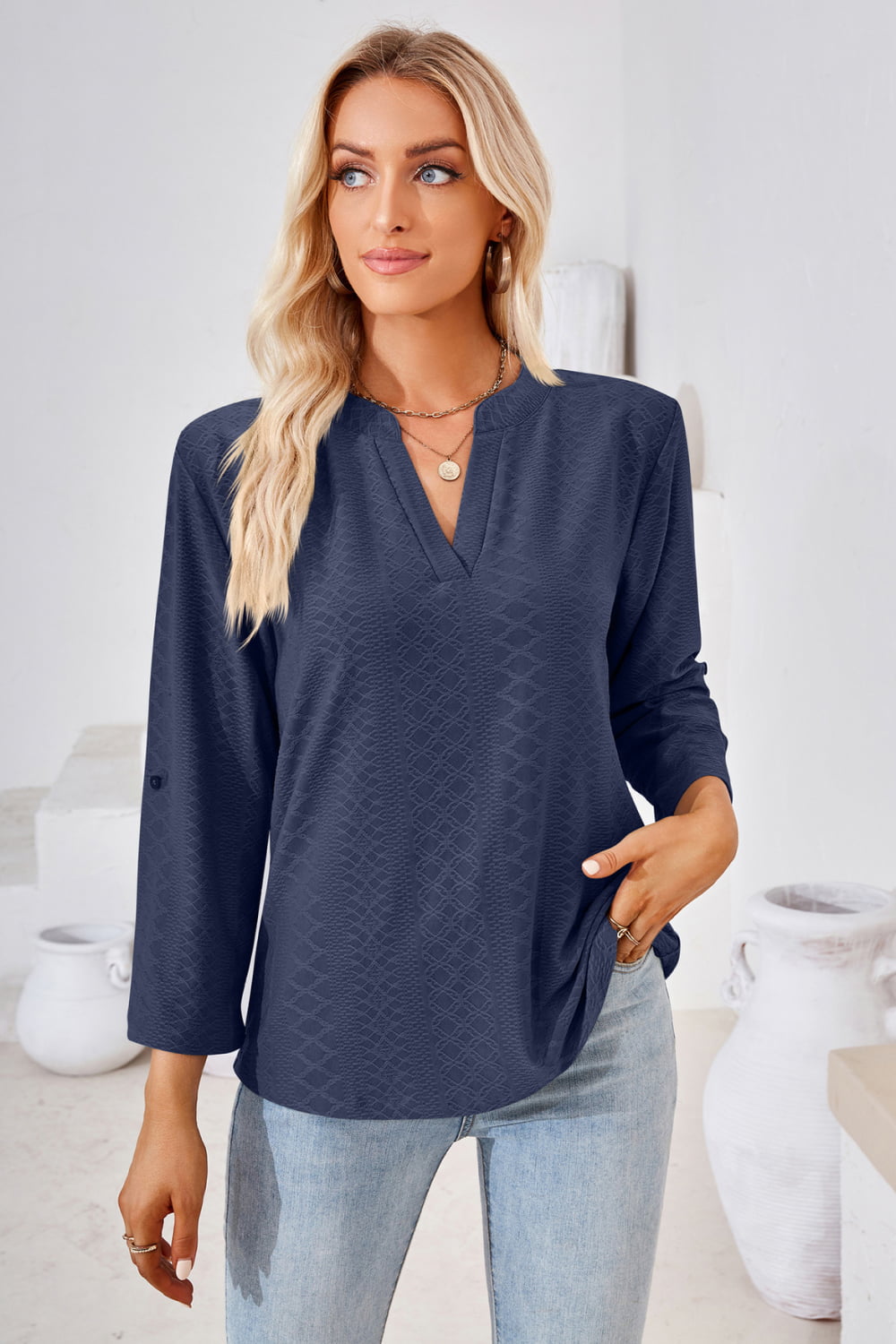 V-Neck Roll-Tap Sleeve Blouse casual outfit