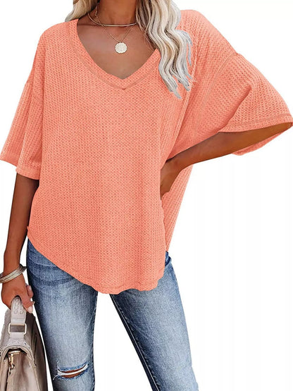 Waffle knit v-neck t-shirt casual outfit