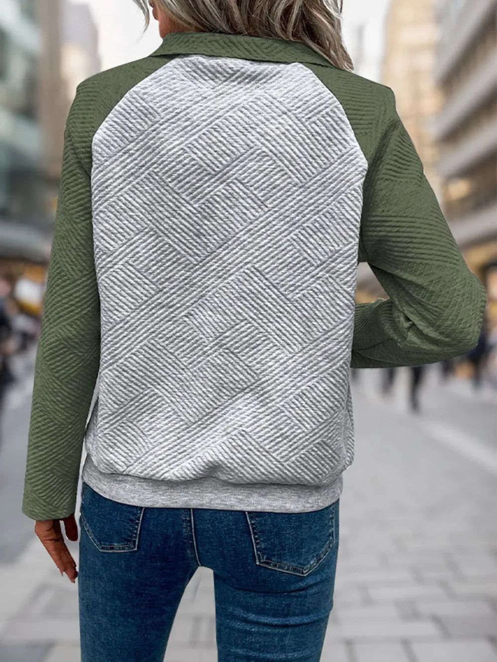 Perfee Contrast Textured Long Sleeve Sweatshirt textured design
