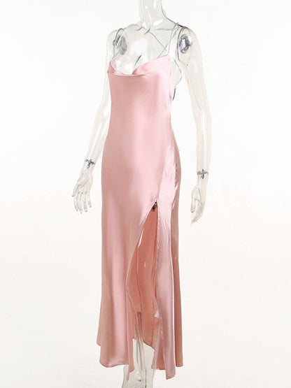 Slinky satin cowl neck dress evening outfit