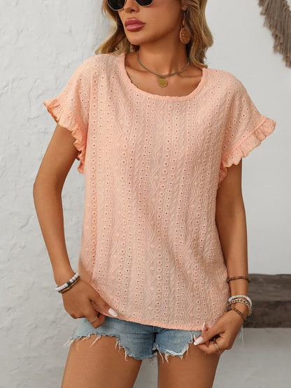 Mandy Eyelet Round Neck Top frill accent